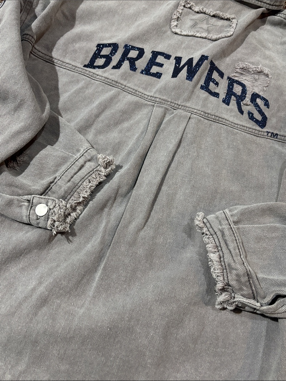Tiny Turnip Milwaukee brewers sparkle slouchy distressed frayed button down S - Picture 9 of 15